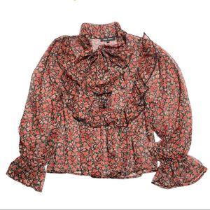 NNWM WOMEN Red Flower Print Sheer Long Sleeves blouse Sz Small